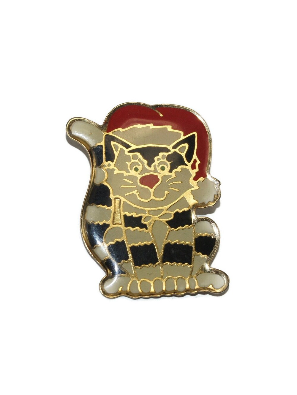 Vintage Gold Tone, Red, White & Black Resin Christmas Cat with Santa Hat Brooch.